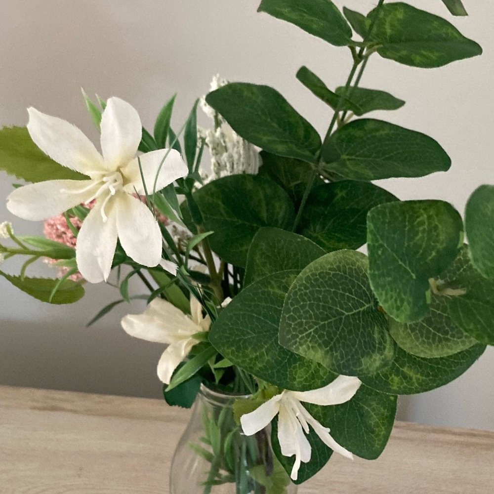 ❌SOLD Handcrafted Faux Floral Arrangement in Glass Milk Bottle Vase - Picture 4 of 5